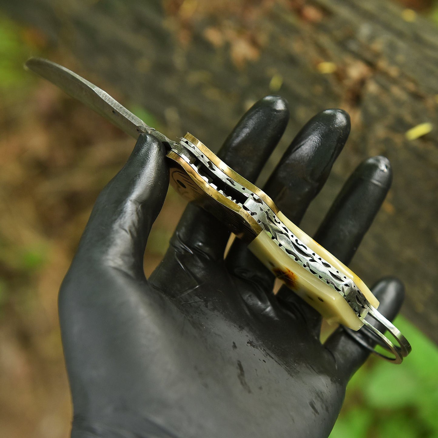 Traditional Handmade Damascus Folding Knife Camel Bone Eagle Engraved