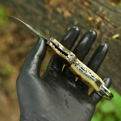 Traditional Handmade Damascus Folding Knife Camel Bone Eagle Engraved