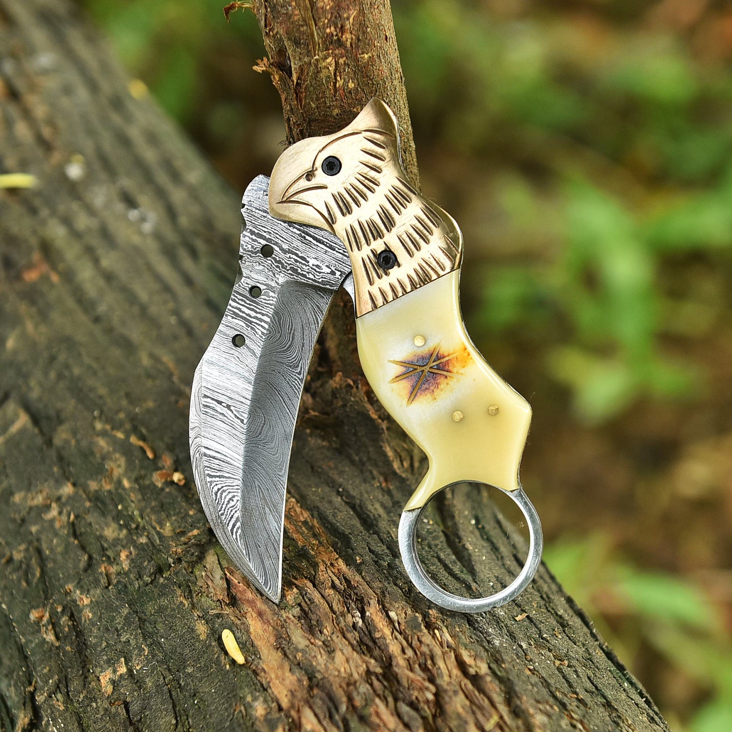 Traditional Handmade Damascus Folding Knife Camel Bone Eagle Engraved