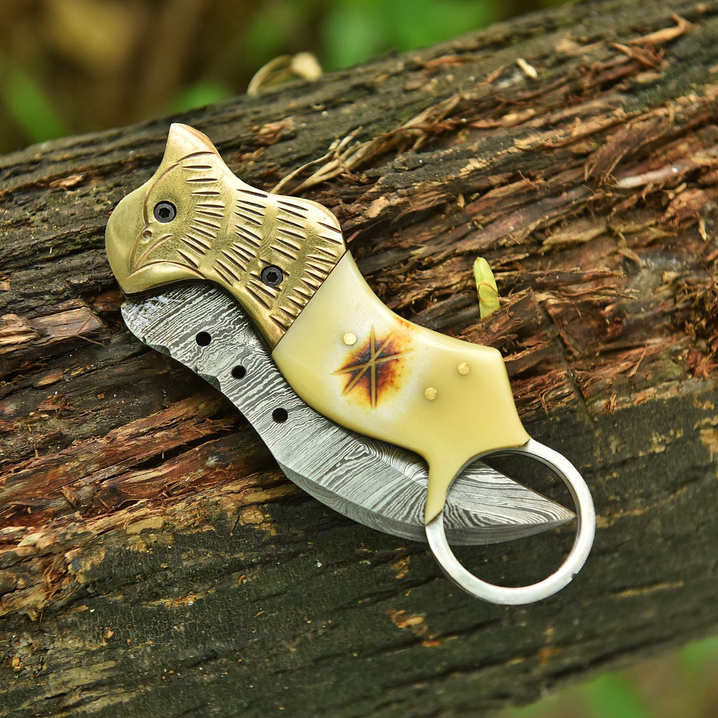Traditional Handmade Damascus Folding Knife Camel Bone Eagle Engraved