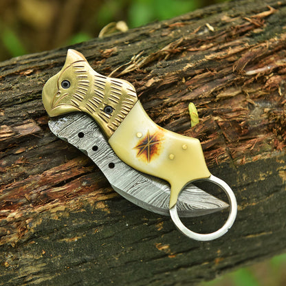 Traditional Handmade Damascus Folding Knife Camel Bone Eagle Engraved