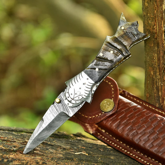 Premium Handmade Damascus Folding Blade Pocket Knife Ram Horn Handle