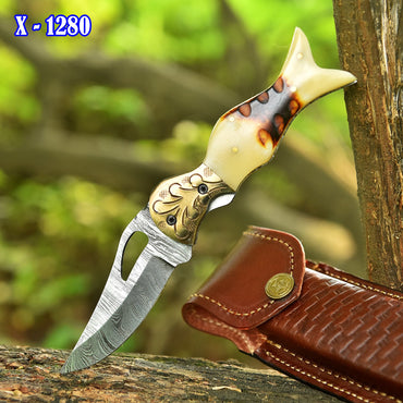 Handmade Damascus Pocket Hunting Camping Knife Camel Bone Handle