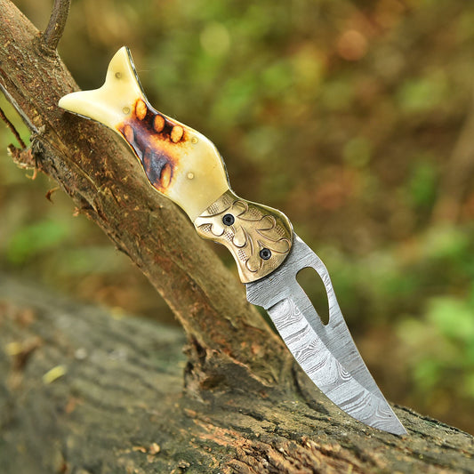 Handmade Damascus Pocket Hunting Camping Knife Camel Bone Handle