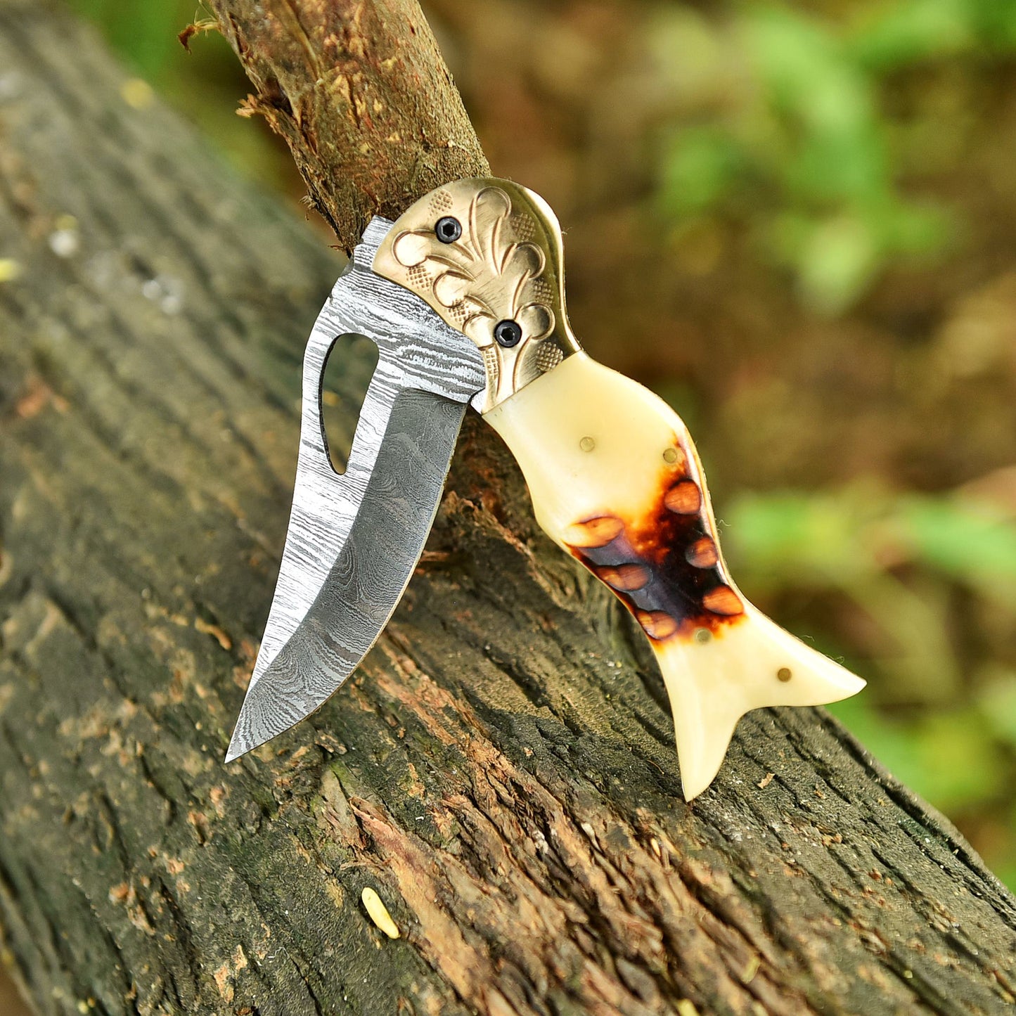 Handmade Damascus Pocket Hunting Camping Knife Camel Bone Handle