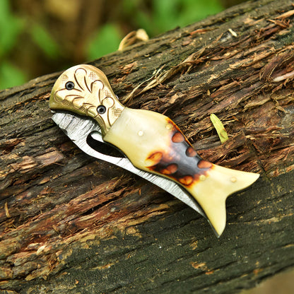 Handmade Damascus Pocket Hunting Camping Knife Camel Bone Handle