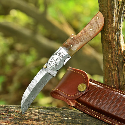 Handmade Damascus Pocket Folding Blade Camping Knife Ram Horn Handle