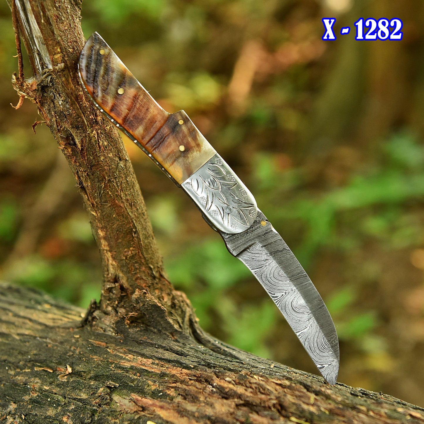 Handmade Damascus Pocket Folding Blade Camping Knife Ram Horn Handle