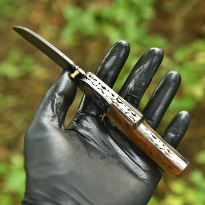 Handmade Damascus Pocket Folding Blade Camping Knife Ram Horn Handle