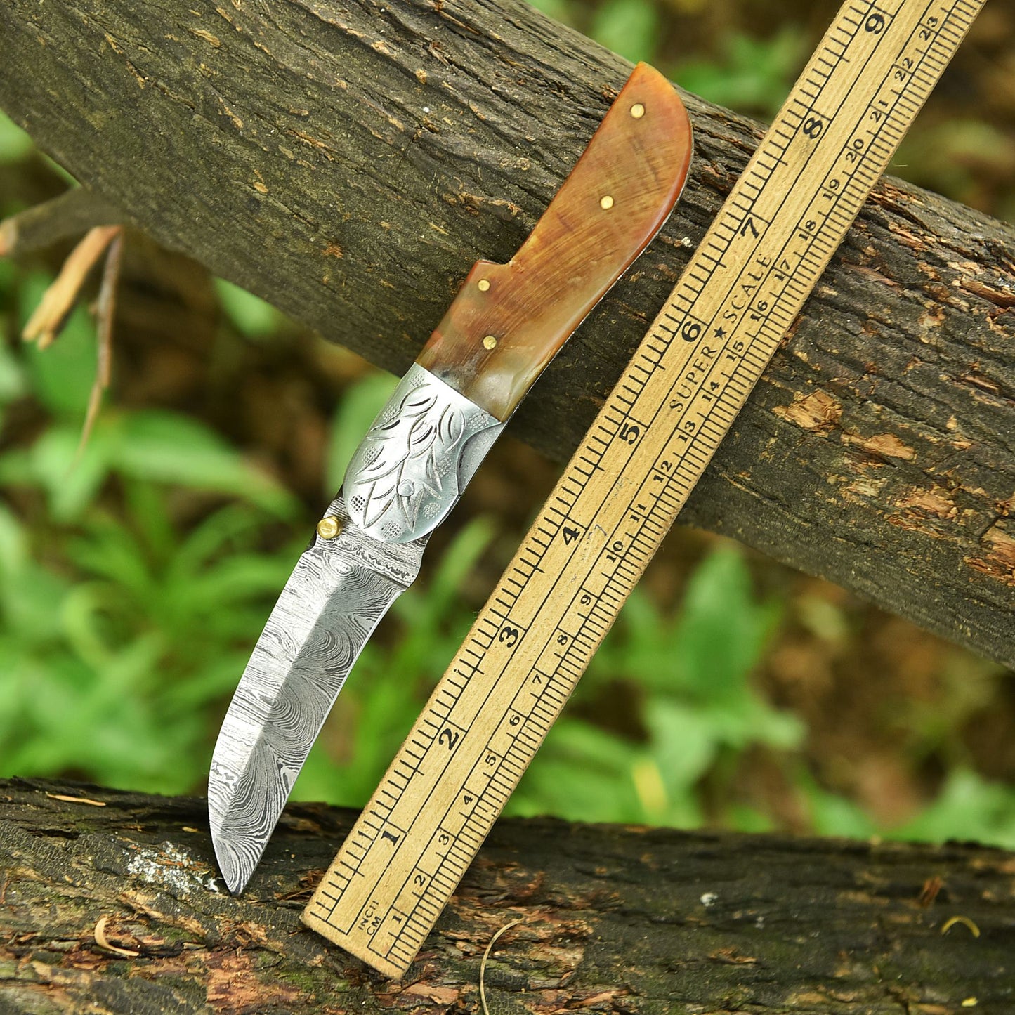 Handmade Damascus Pocket Folding Blade Camping Knife Ram Horn Handle