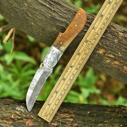 Handmade Damascus Pocket Folding Blade Camping Knife Ram Horn Handle
