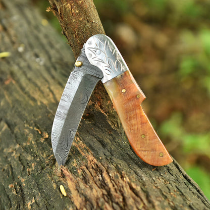 Handmade Damascus Pocket Folding Blade Camping Knife Ram Horn Handle