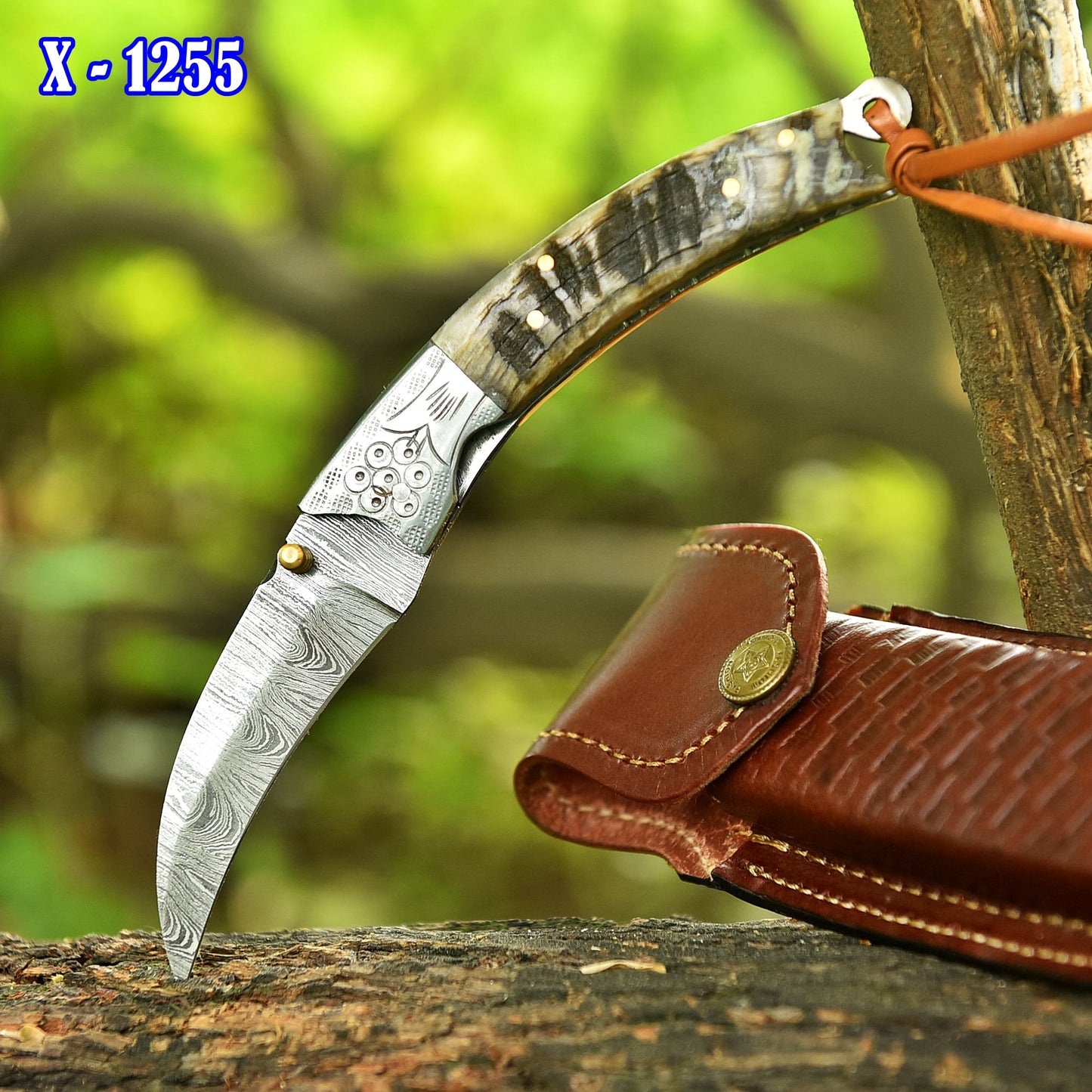 Handmade Damascus Folding Pocket Camping Knife Ram Horn Handle EDC