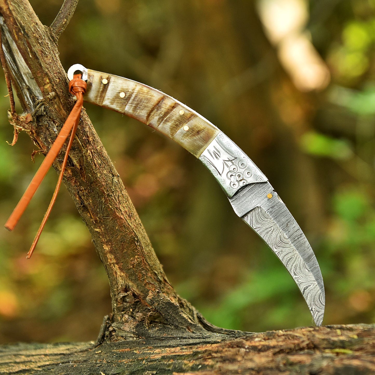 Handmade Damascus Folding Pocket Camping Knife Ram Horn Handle EDC