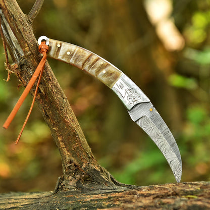 Handmade Damascus Folding Pocket Camping Knife Ram Horn Handle EDC