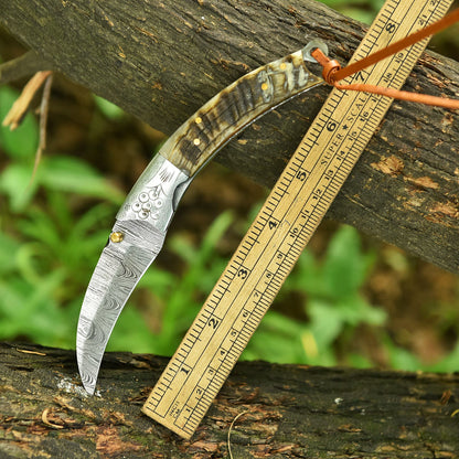 Handmade Damascus Folding Pocket Camping Knife Ram Horn Handle EDC