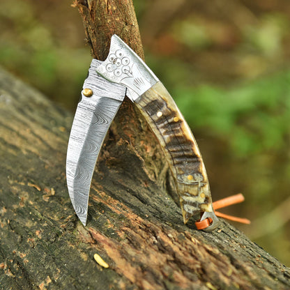 Handmade Damascus Folding Pocket Camping Knife Ram Horn Handle EDC
