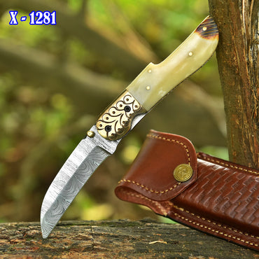 Handmade Damascus Pocket Folding Blade Adventure Knife Camel Bone Handle