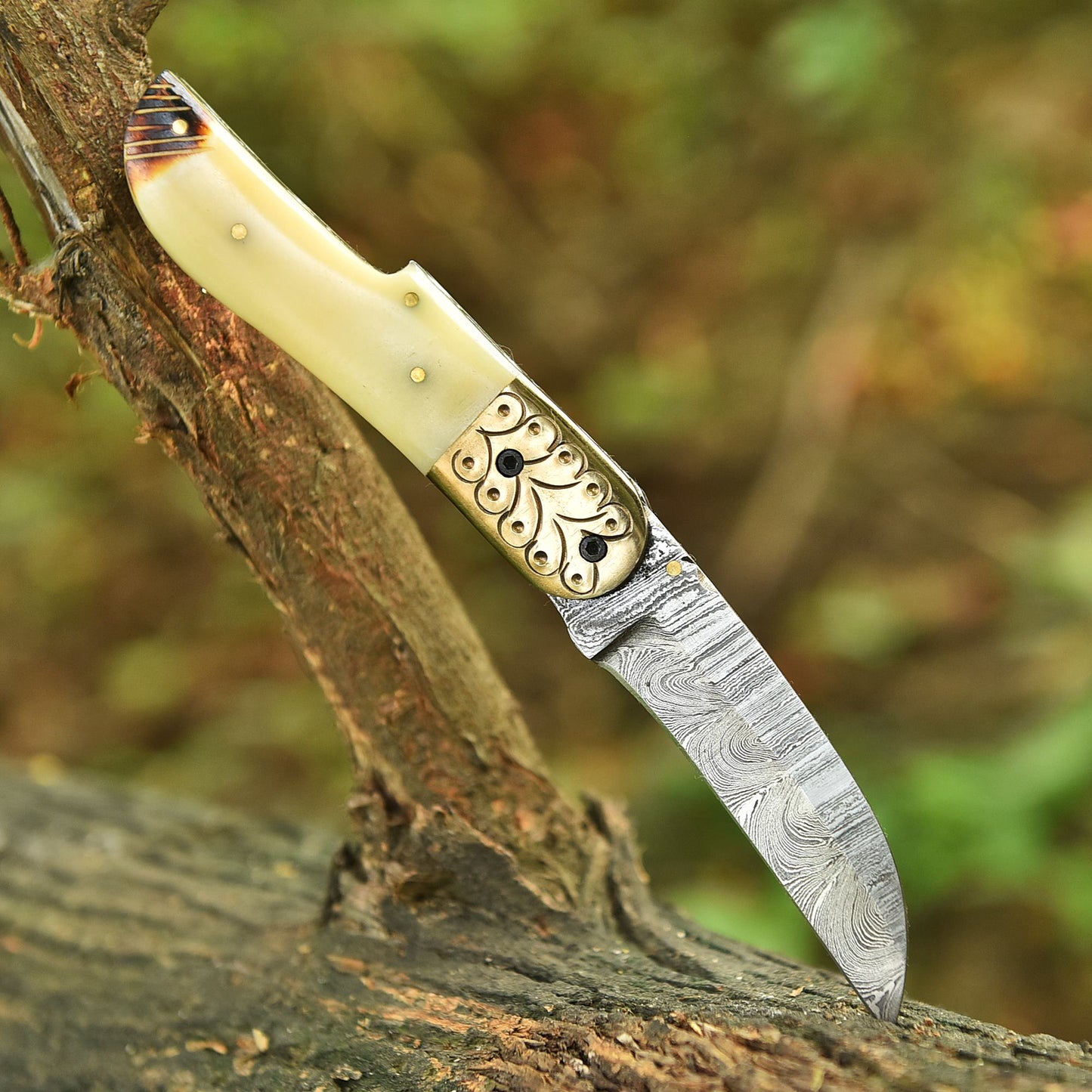 Handmade Damascus Pocket Folding Blade Adventure Knife Camel Bone Handle