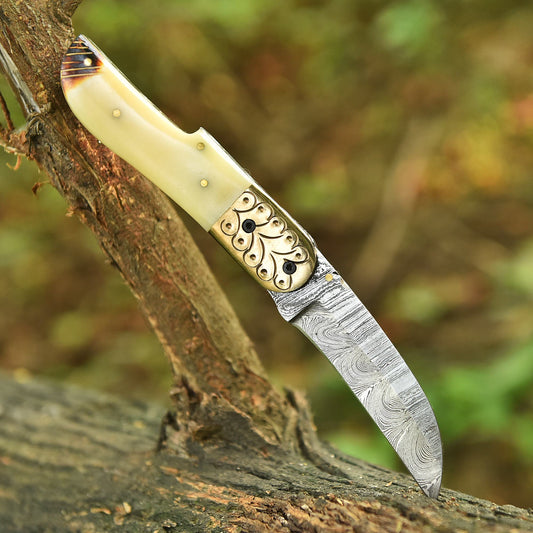 Handmade Damascus Pocket Folding Blade Adventure Knife Camel Bone Handle