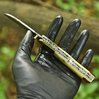 Handmade Damascus Pocket Folding Blade Adventure Knife Camel Bone Handle