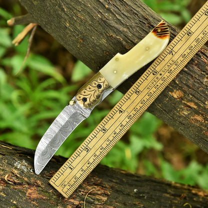 Handmade Damascus Pocket Folding Blade Adventure Knife Camel Bone Handle