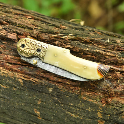 Handmade Damascus Pocket Folding Blade Adventure Knife Camel Bone Handle