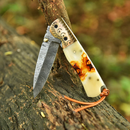 Handmade Folding Blade Pocket Hunting Camping Knife Camel Bone Handle