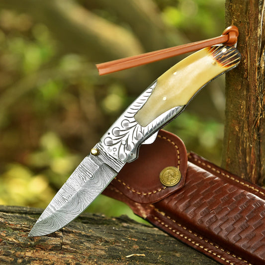 Damascus Folding Blade Pocket Knife Camel Bone Engraved Steel Bolster Handle
