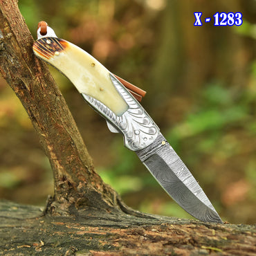 Damascus Folding Blade Pocket Knife Camel Bone Engraved Steel Bolster Handle