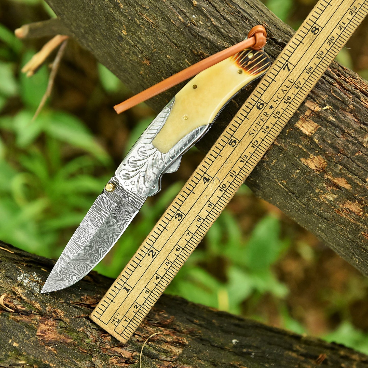 Damascus Folding Blade Pocket Knife Camel Bone Engraved Steel Bolster Handle