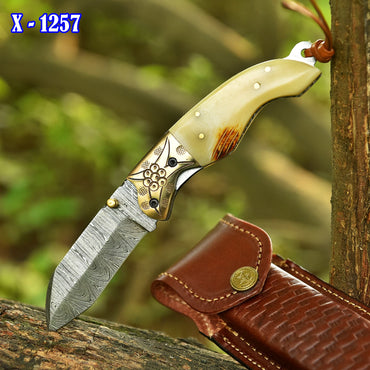 Handmade Damascus Steel Folding Blade Pocket Camping Knife Camel Bone Handle