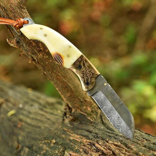 Handmade Damascus Steel Folding Blade Pocket Camping Knife Camel Bone Handle