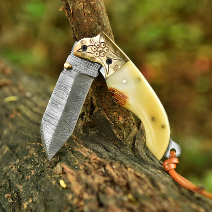 Handmade Damascus Steel Folding Blade Pocket Camping Knife Camel Bone Handle