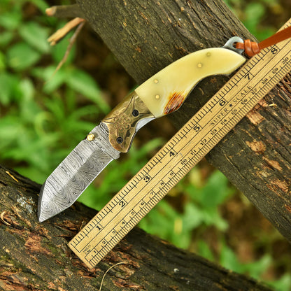 Handmade Damascus Steel Folding Blade Pocket Camping Knife Camel Bone Handle