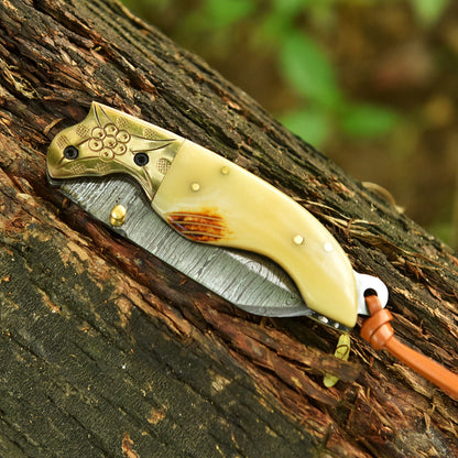 Handmade Damascus Steel Folding Blade Pocket Camping Knife Camel Bone Handle