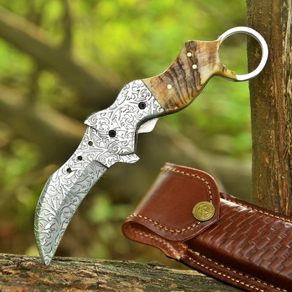 Handmade Engraved Folding Blade Pocket Knife Ram Horn Finger Ring Handle