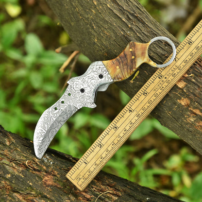 Handmade Engraved Folding Blade Pocket Knife Ram Horn Finger Ring Handle