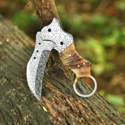 Handmade Engraved Folding Blade Pocket Knife Ram Horn Finger Ring Handle