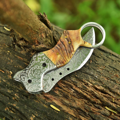 Handmade Engraved Folding Blade Pocket Knife Ram Horn Finger Ring Handle