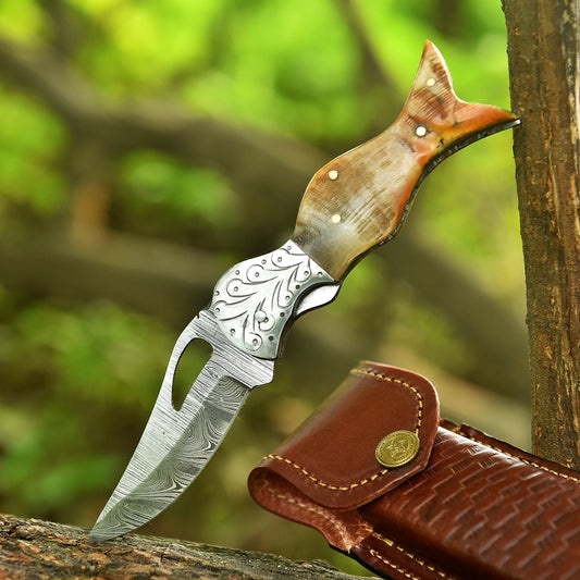 Elite Handmade EDC Folding Knife Damascus Blade Ram Horn Handle