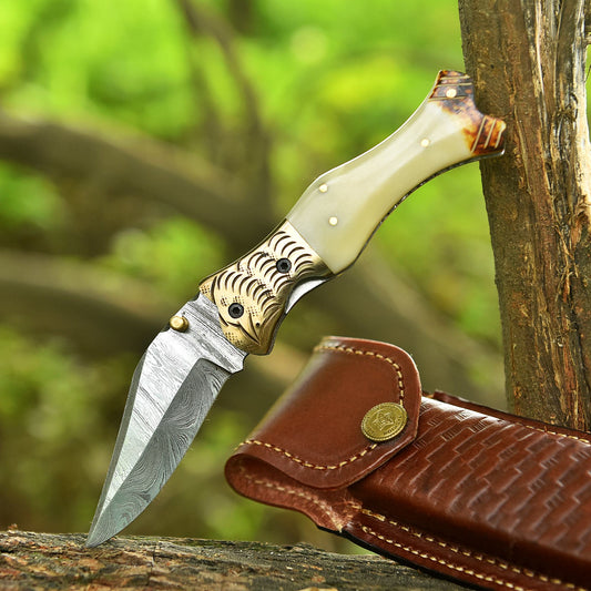 Handcrafted Damascus Steel Blade Folding Knife Camel Bone Handle EDC