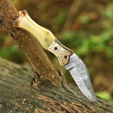 Handcrafted Damascus Steel Blade Folding Knife Camel Bone Handle EDC