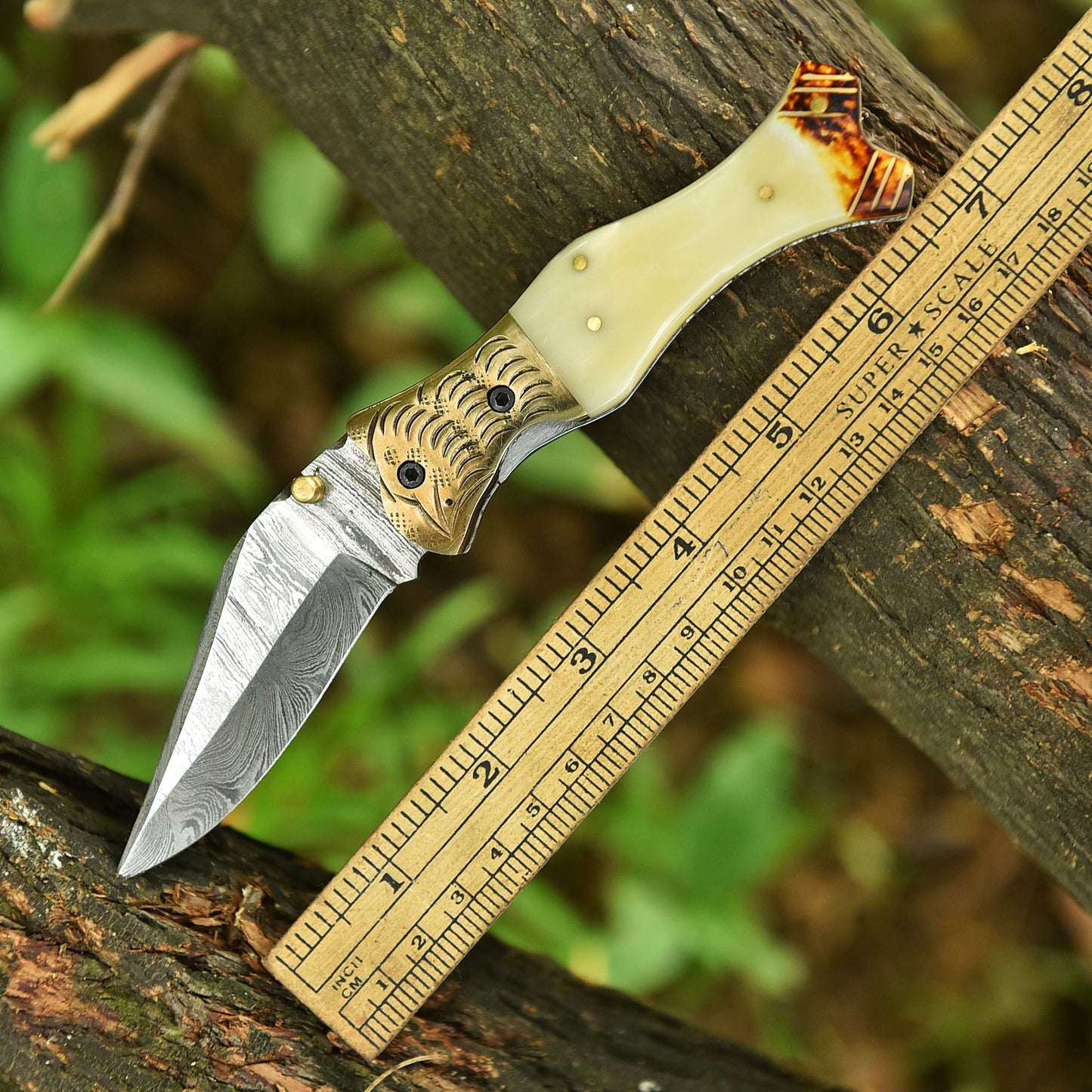 Handcrafted Damascus Steel Blade Folding Knife Camel Bone Handle EDC