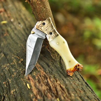 Handcrafted Damascus Steel Blade Folding Knife Camel Bone Handle EDC
