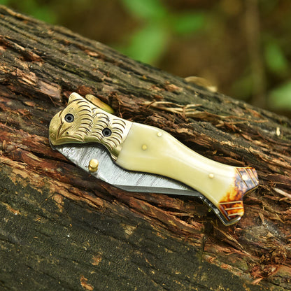 Handcrafted Damascus Steel Blade Folding Knife Camel Bone Handle EDC
