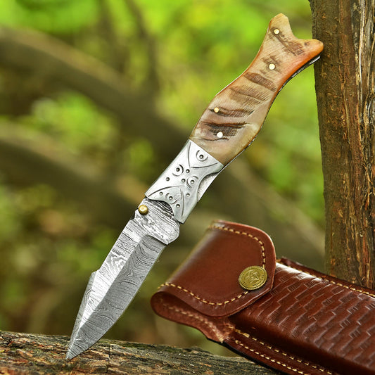 Handmade Damascus Pocket Knife Folding Blade Camping  Knife Ram Horn Handle