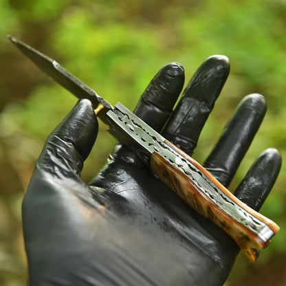 Handmade Damascus Pocket Knife Folding Blade Camping  Knife Ram Horn Handle
