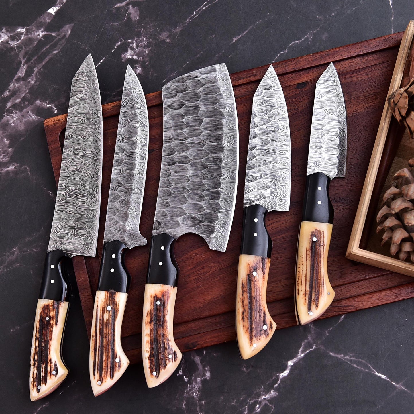 Stag | Damascus 5 Piece Chef Knife Set Kitchen Knives Set