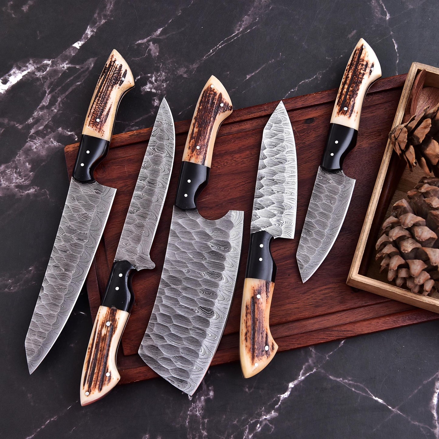 Stag | Damascus 5 Piece Chef Knife Set Kitchen Knives Set